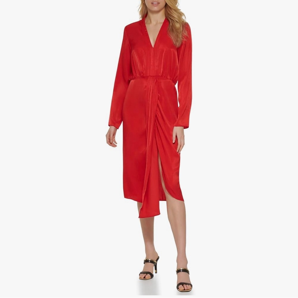 494M NWT DKNY Women's V Neck Long Sleeve Satin Midi Dress - Size: 2